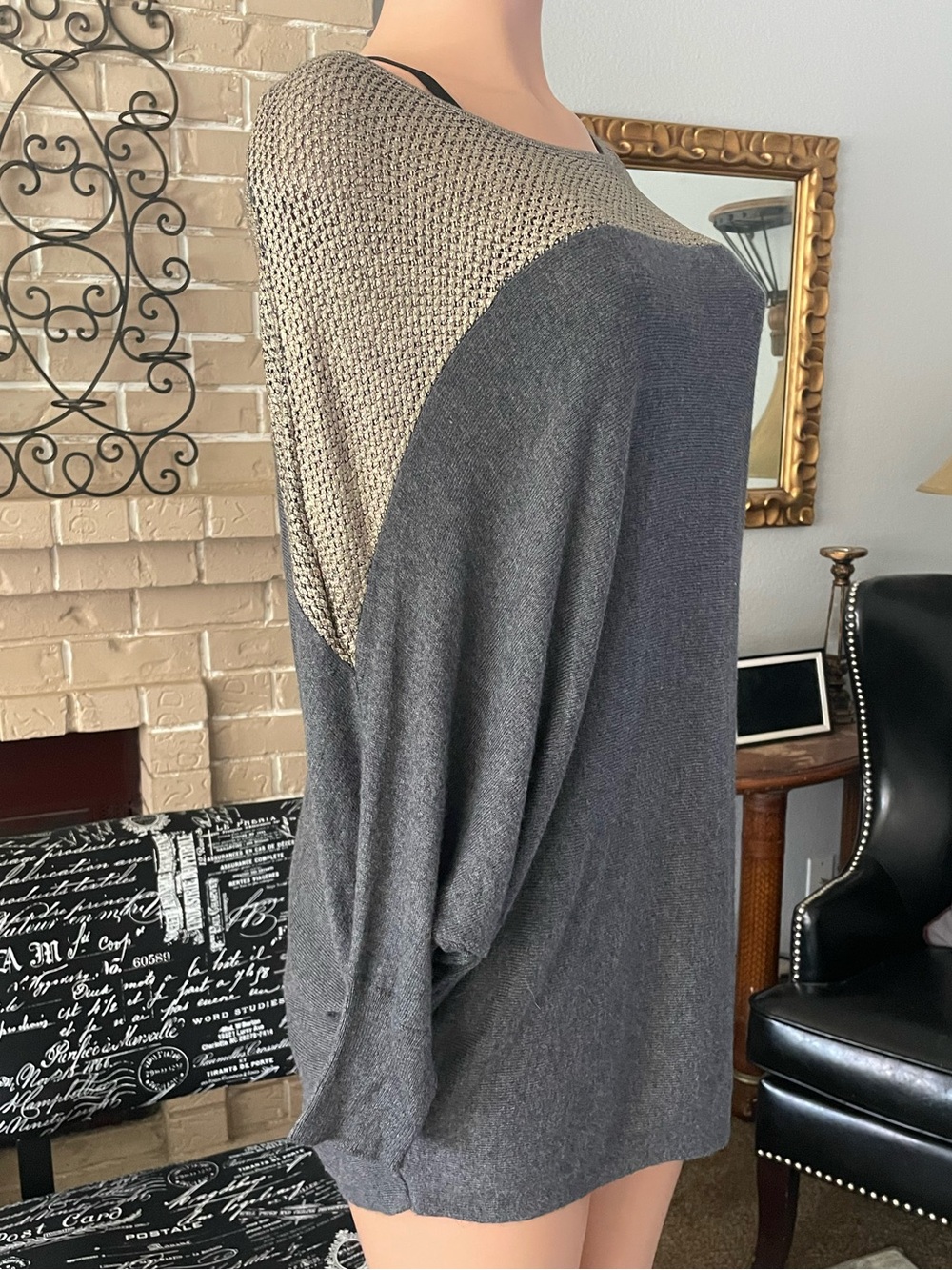 Nine West Jeans Grey & Metallic Gold Crochet Accent Batwing Sweater M